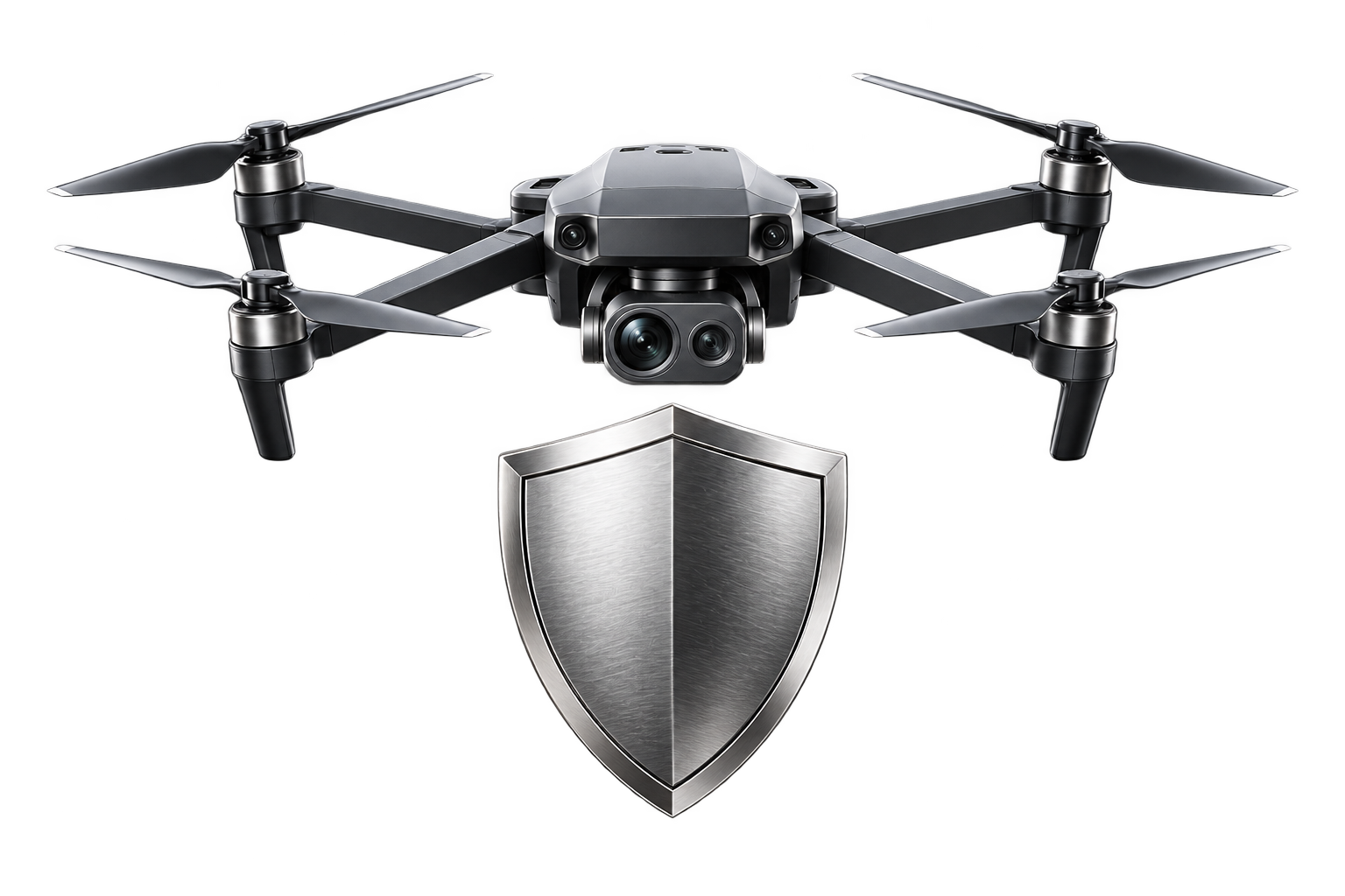 Fritlagt illustration af drone og sølvskjold – droneservice til sikkerhed og dokumentation.